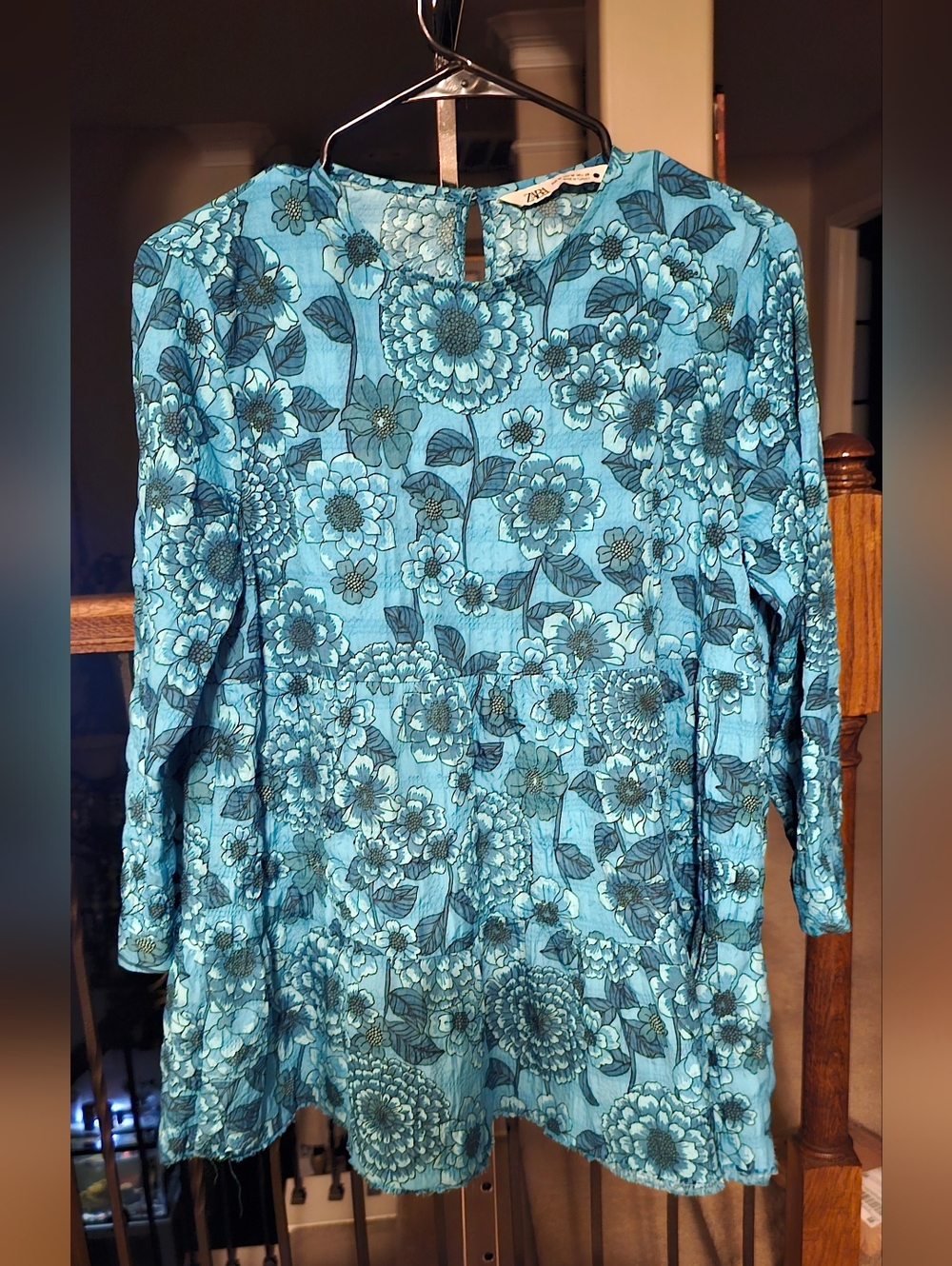 Zara Blue Floral Long Sleeve Blouse